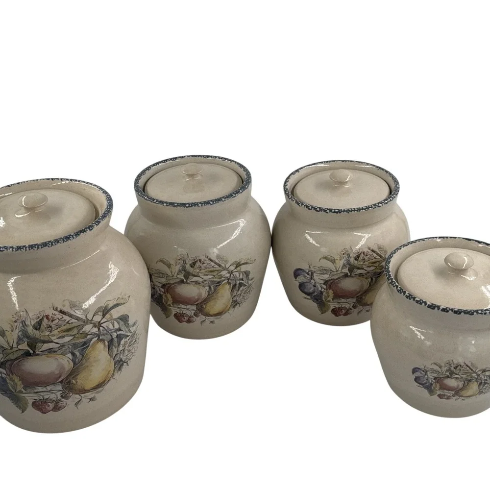 VTG Hand Painted‎ Fruit Canister Set 4 Pc Ceramic Kitchen Jars w/Lids Farmhouse